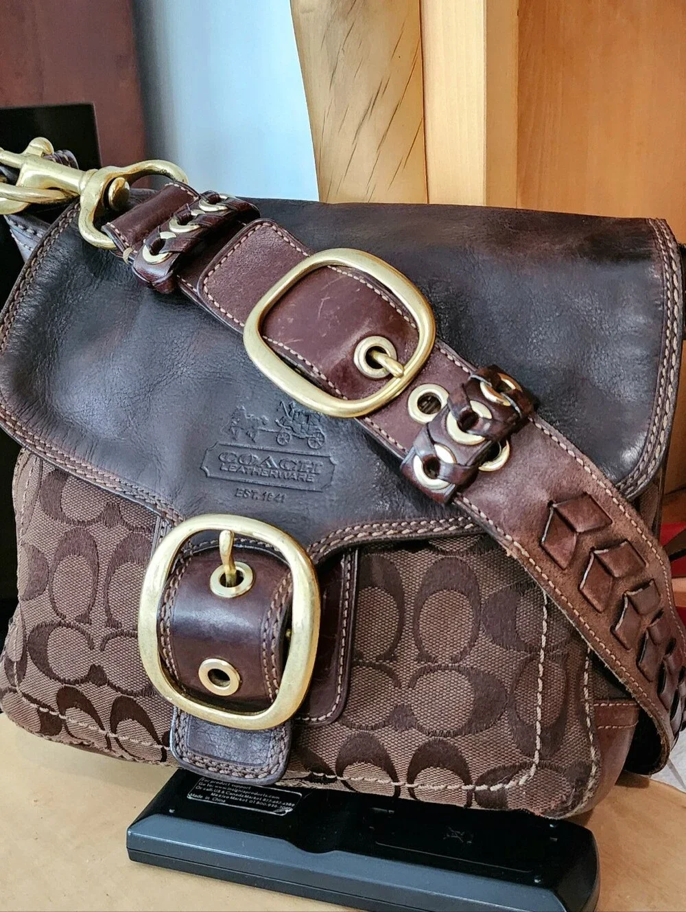 Coach Brown Signature Canvas Messenger with Dark Leather Trim